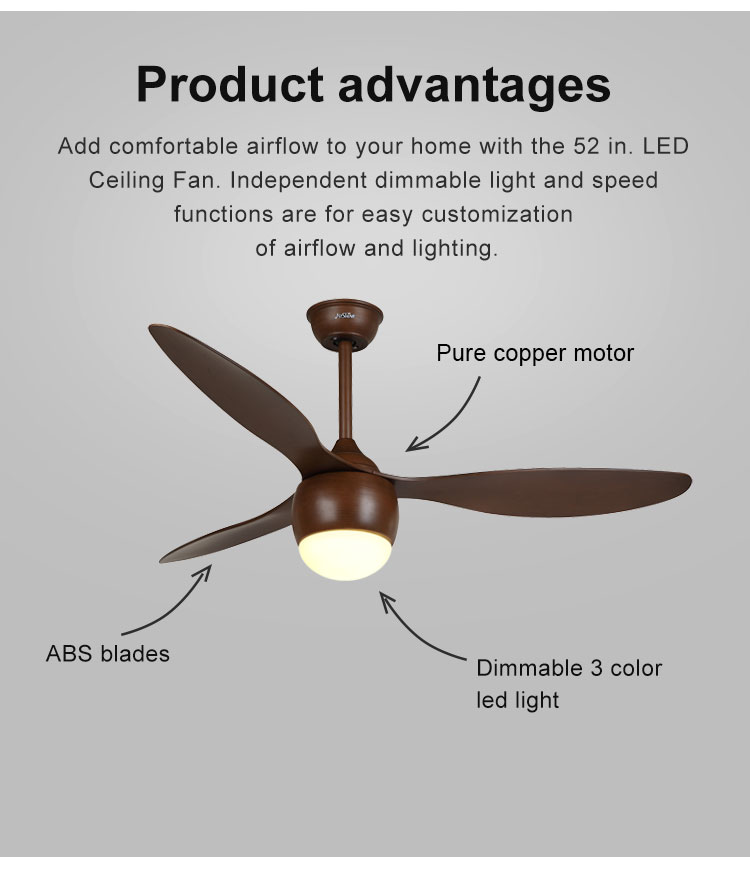Metal Ceiling Fan with Light 3 ABS Wooden Blades Wall Control Black/Brown/OEM Colors