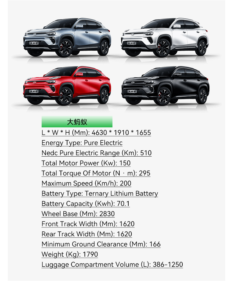 Luxury Cherry Big Ant 0km Used Energy Ev Cars 2024 High Speed 200Km/h Ternary Lithium Battery Personal Electric Vehicle