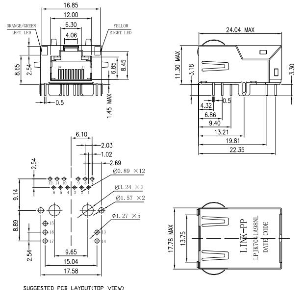 LPJK7041A98NL Height 11.3mm Low-Profile Gigabit Rj45 LED Shield R/A THT