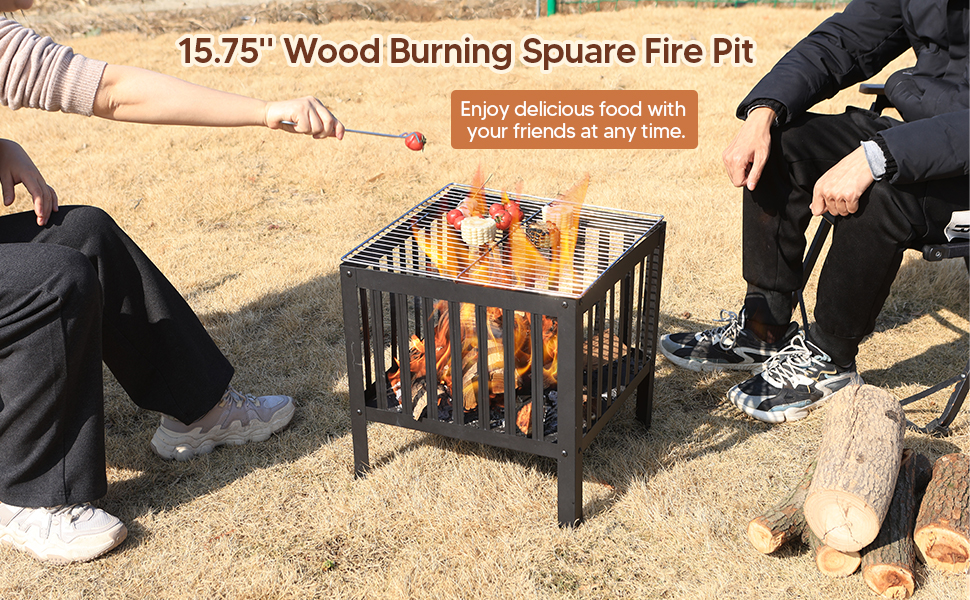 Camping Firepit Stove 15.7'' Square Metal Wood Burning Firepit for Backyard