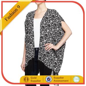 Quality Print Kimono with Fringe Hem, BlackIvory wholesale