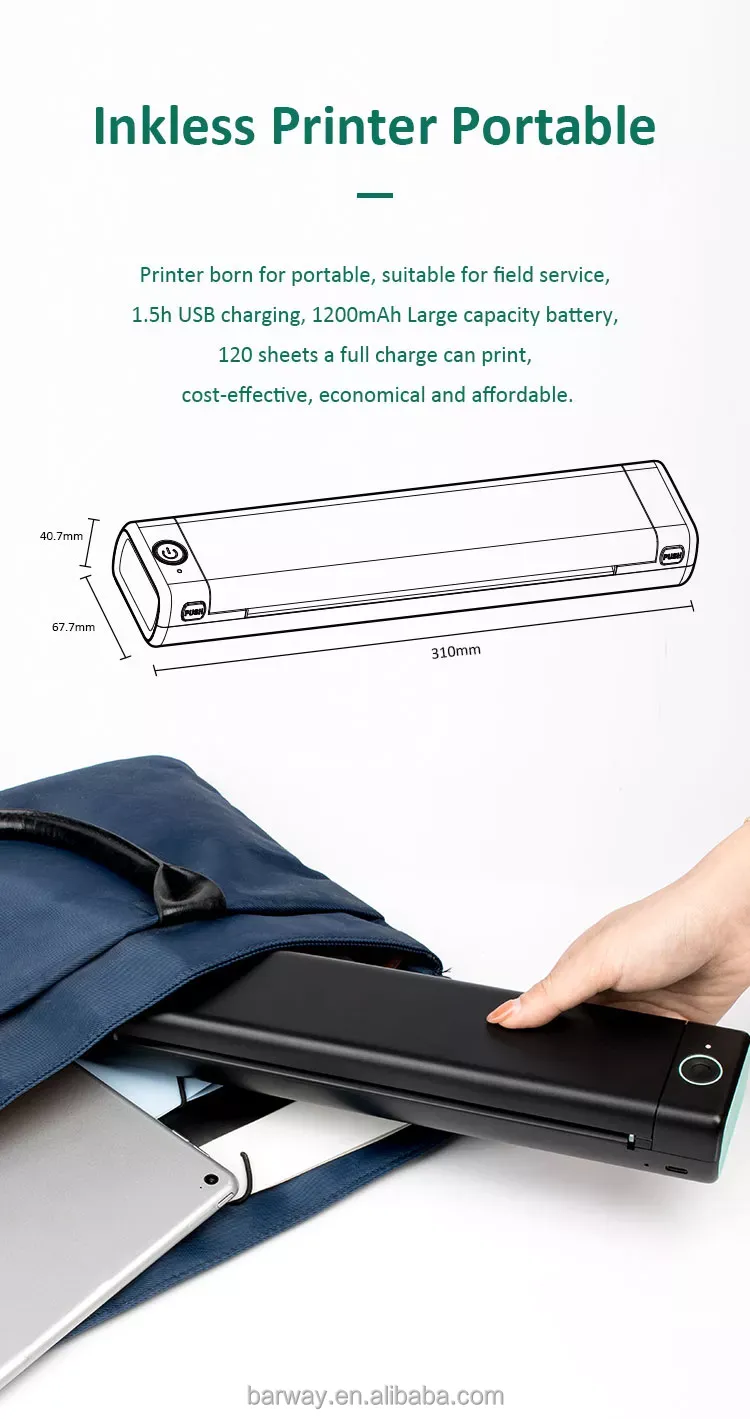 M08F Portable A4 Size Mini Wireless Thermal Printer Mobile Printer With Blue-Tooth