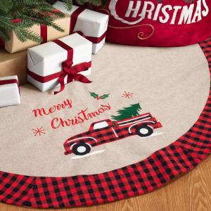 Quality Christmas Tree Skirt Burlap 32 Inches Tree Skirt with Red and Black Plaid Border Trim for Holiday Decorations wholesale