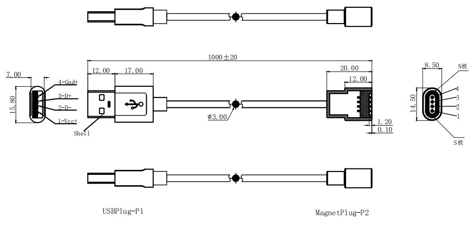 Male Female USB Pogo Pin Cable 12V 2A 4 Pin Pogo Charger