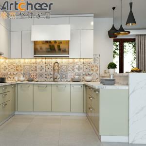 Quality Green Color Quartz Stone Top U Shape Kitchen Cabinet for Modern Stylish Kitchen Design wholesale
