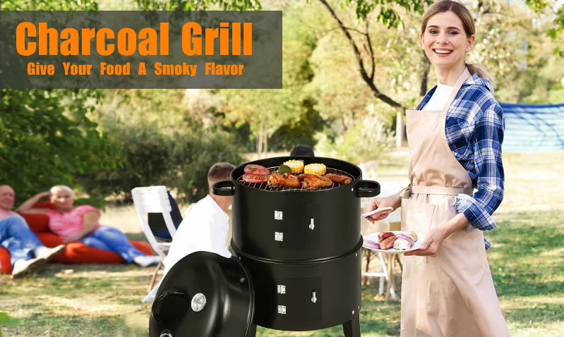Thermometer Equipped 3-in-1 Vertical Steel Charcoal Smoker for Home Party Celebration