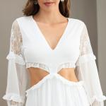 Balloon Sleeves Ladies Lace Dresses Lace Trim Midi Dress OEM service