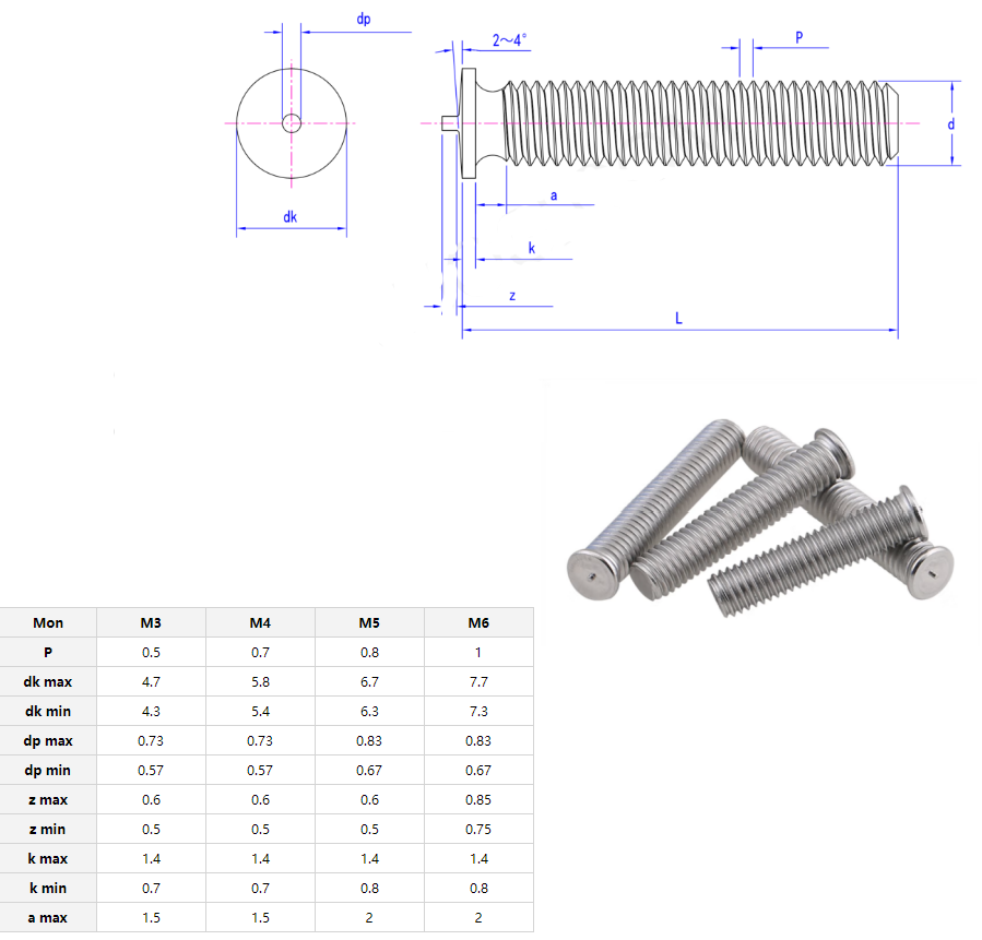 Industry Spot Welding Studs M3 M4 M5 M6 M8 M10 M12 Stainless Steel Weld Bolts Fastening DIN Standard Polishing ZINC Finish