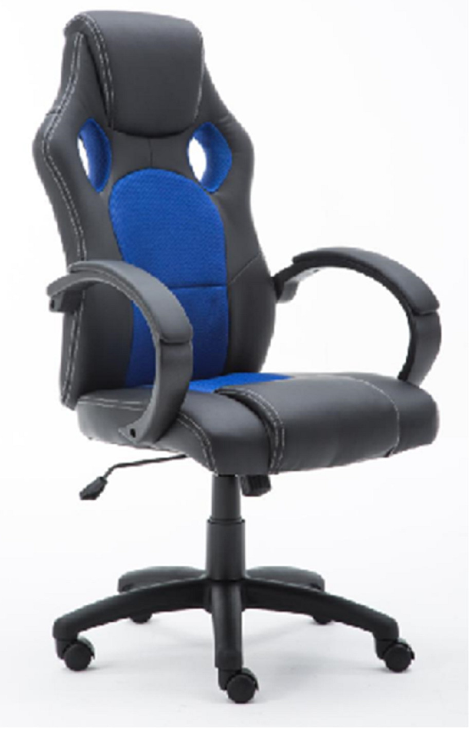 320mm Nylon Base With Casters Gaming Chair 100mm Painting Gaslift Nylon Armrest With PU Padding Black PU+ Blue Mesh