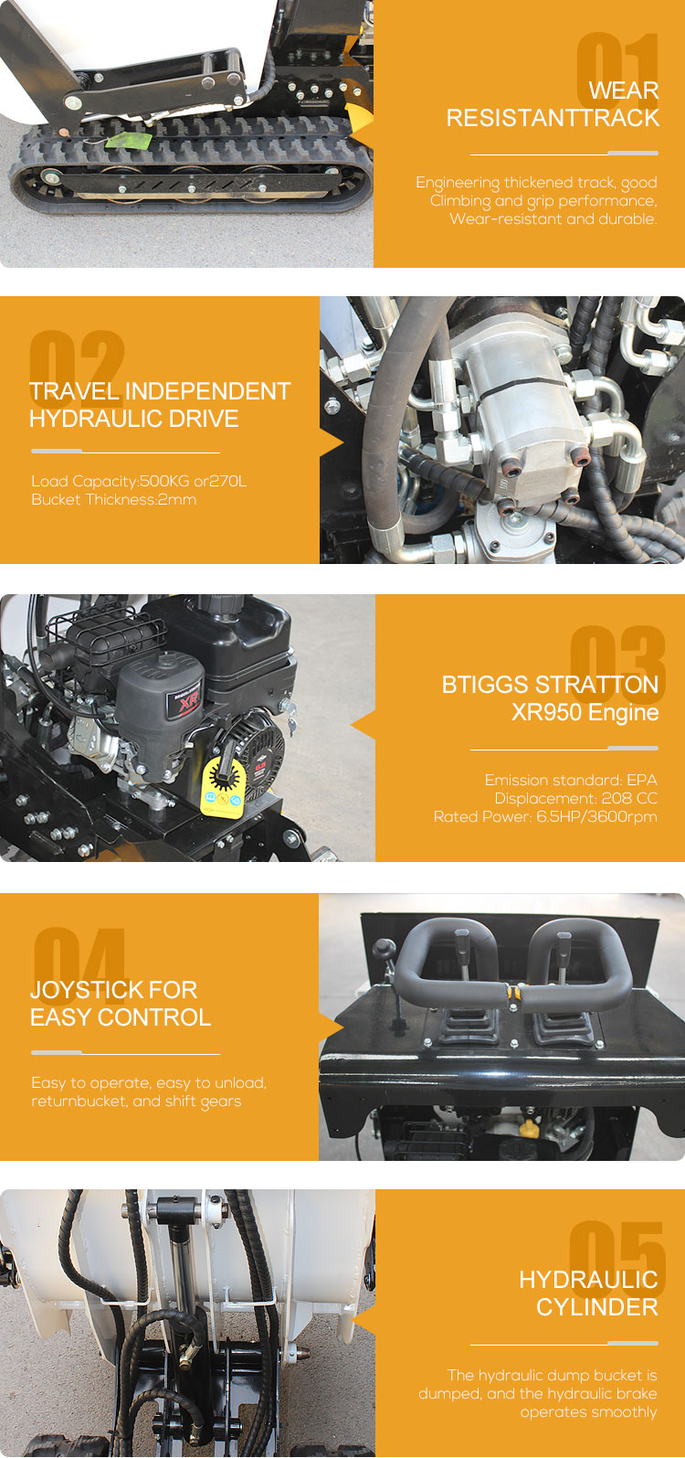 500KG Operating Weight Mini Dumper with Huaqi Valve and Stable Performance