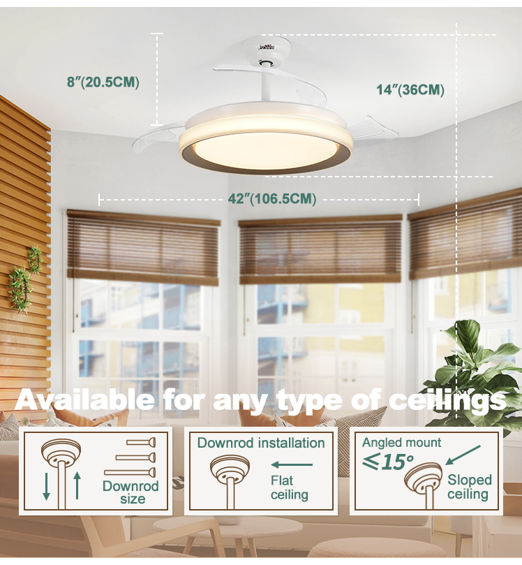 Home Hotel Office LED Ceiling Fan Retractable PC Blades and 3000K/4500K/6000K LED Light