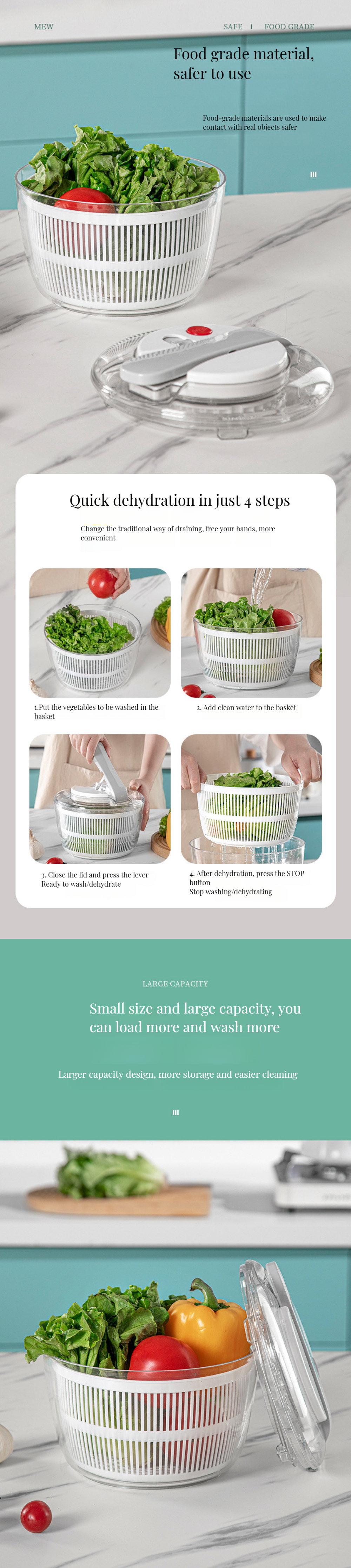 Home Kitchen Multifunction 3-in-1 Large Manual Bamboo Lettuce Salad Spinner with Lid