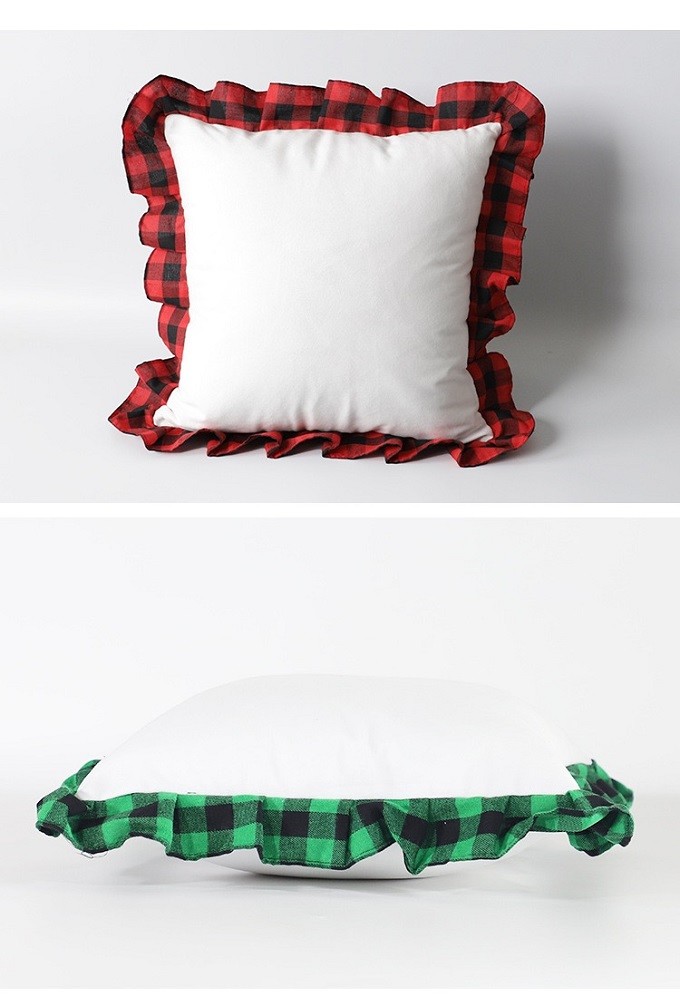 Sublimation Pillow Cover Blanks Heat Transfer Printed Plaid With Ruffled Lace