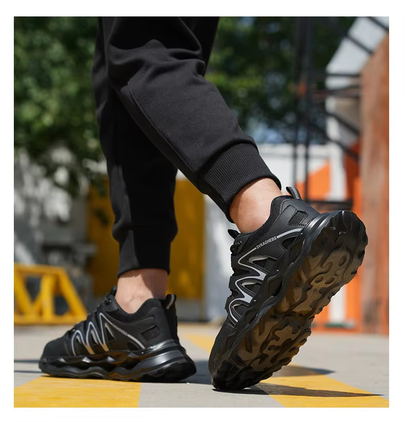 Breathable Microfiber Leather Mesh Safety Shoes With Kevlar Anti-stab Steel Toe And EVA Sole In Black