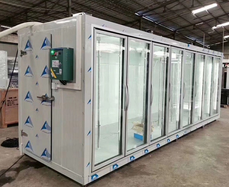 Supermarket giass door cold storage room frozen food upright display refrigerator