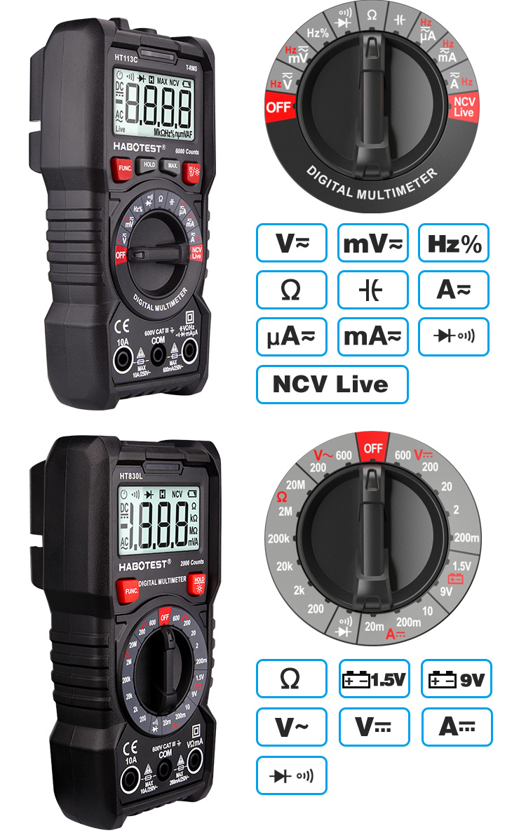 HT113 Small Digital Multimeter 600V 10A 20M ohm Manual Range 2000 Counts Resistance Mini Multimeter Digital with CE ROH