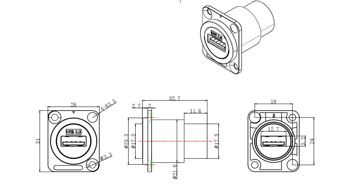 USB 3.0 Black Dustproof 9-Pin Audio Video Connection Male Female Connector Panel Mounting D-Type Metal Female Socket