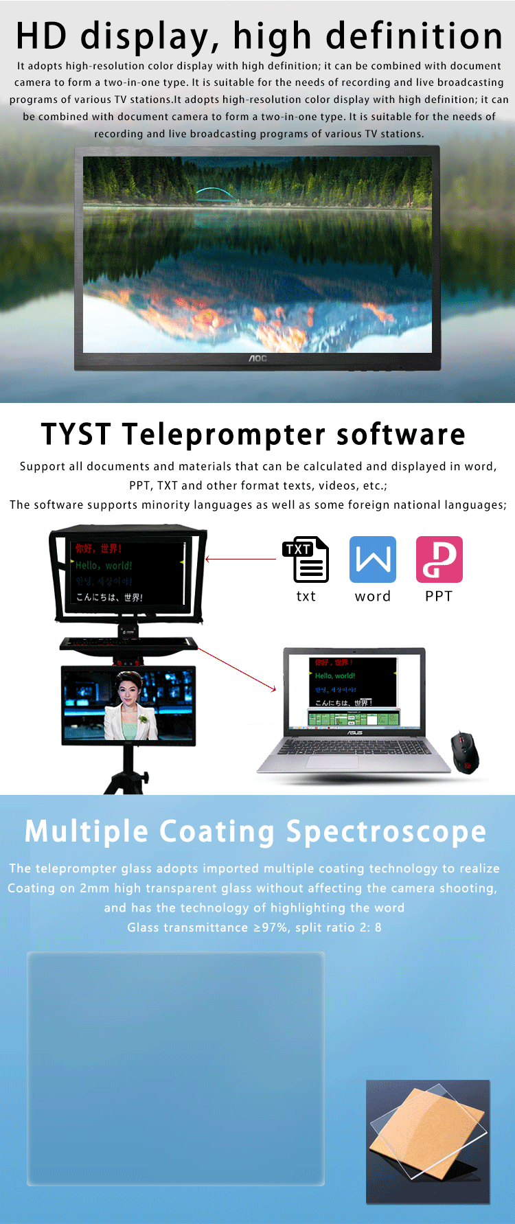 Outlet TYSTVideo 20 inch Studio Dual Screen Teleprompter for Live Sports One except glass