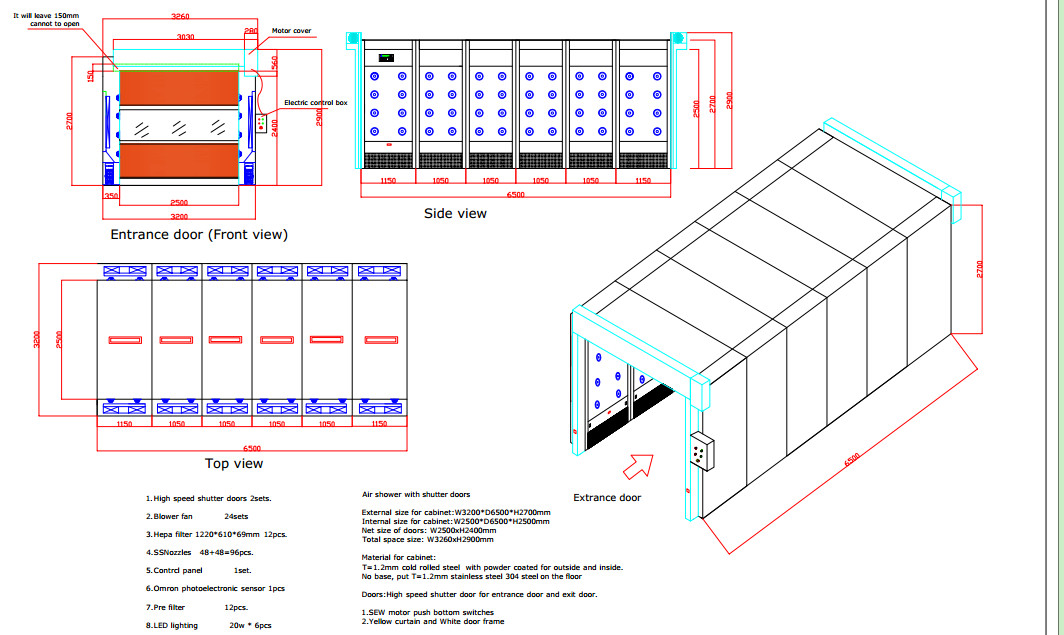 OEM Clean Air Shower Tunnel With Auto High Fast Speed Shutter Doors By Radar Sensor