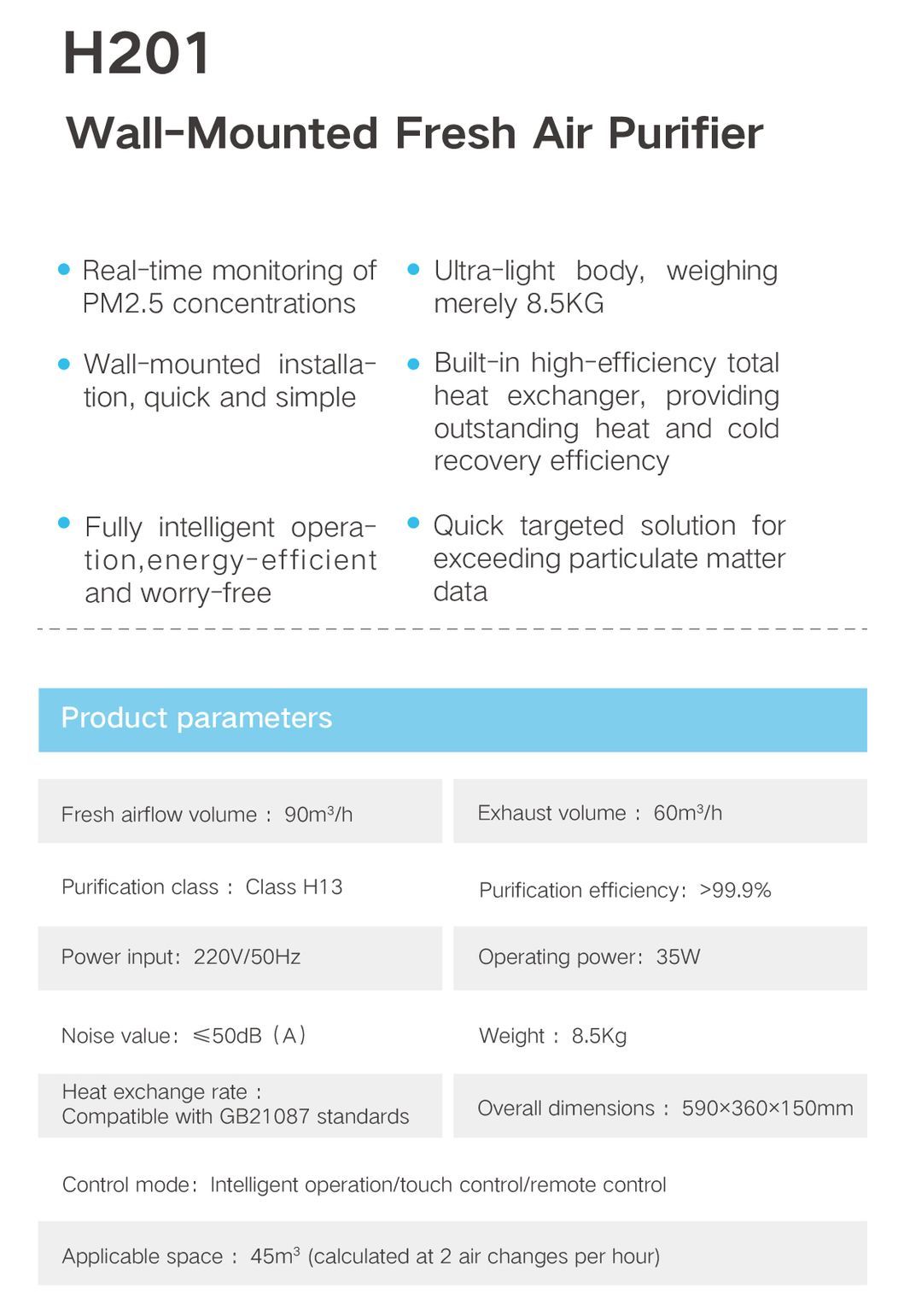 H201 Intelligent, Energy-Saving, Wall-Mounted Positivepressure Air Purifier with Fresh Air Supply