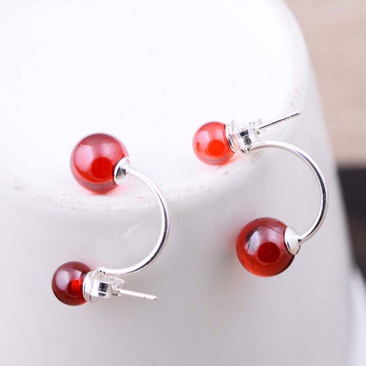 925 Sterling Silver Double Garnet Hoop Earrings (XH0488)
