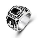 Vintage Inlay Mens Gothic Stainless Steel Band Ring with Black Cubic Zircon
