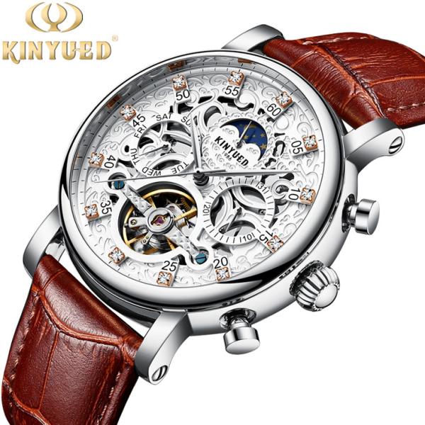 KINYUED Watch Leather Strap Tourbillon Skeleton Watches Men Luxury In Stock