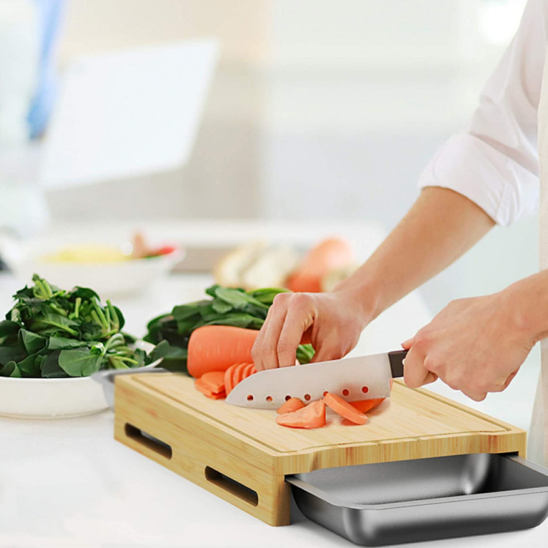 Natural Colour Rectangle Bamboo Chopping Cutting Board With Tray And Drawers For Kitchen