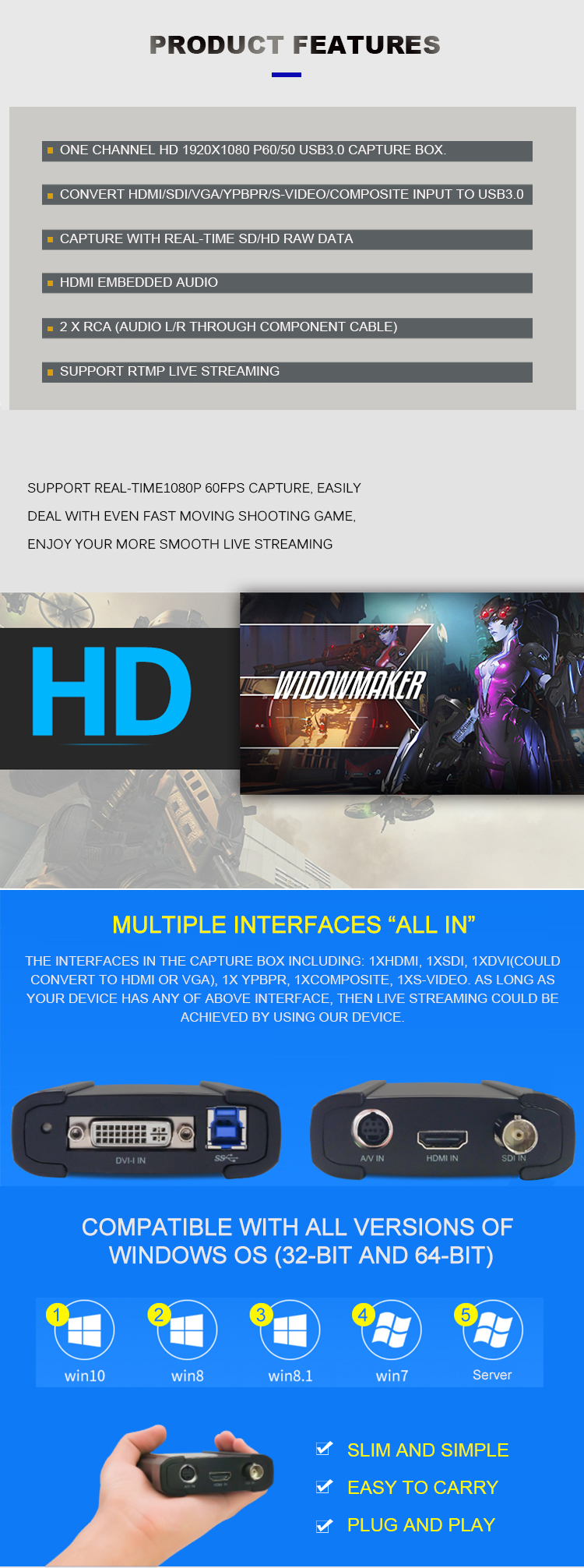 1920x1080P60 Live Streaming HDM1 Game Capture Device High Performance