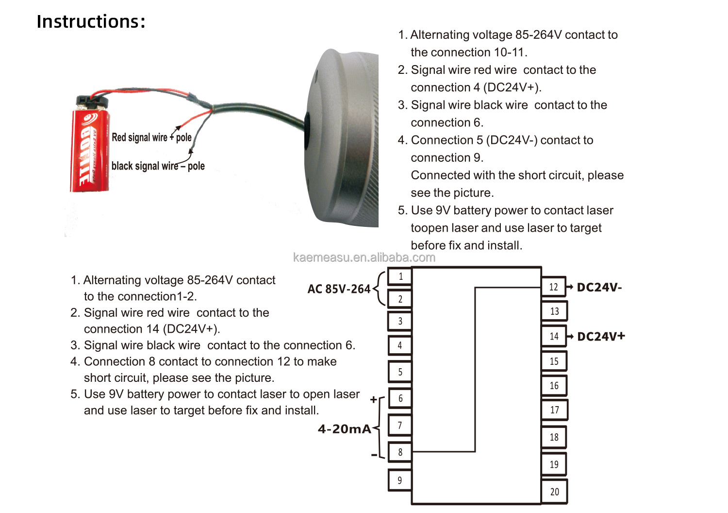 kaemeasu Temperature Transmitter 4~20mA Output Laser Pyrometer Temp Sensor -50~600℃
