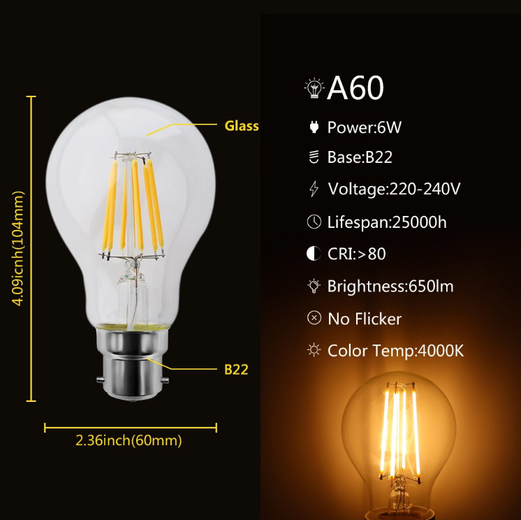 A60 B22 led filament bulb 6W led filament lights 220-240V filament bulb lamp