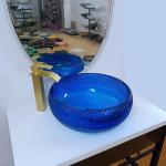 Italian Design Blue Glass Sink Bowl 16.5 Inch Round Glass Above Counter Basin
