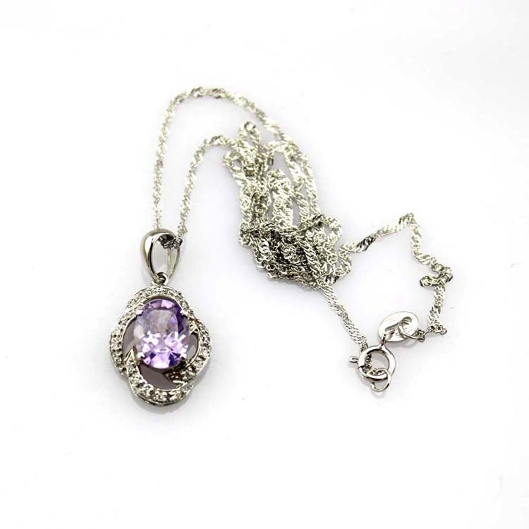 925 Silver Pendant Necklace 7x9mm Oval Lavender Amethyst Cubic Zirconia (PSJ030)