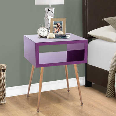 Elegant Purple Wood Acrylic Mirrored Glass Side Table H23.22inch For Bedroom
