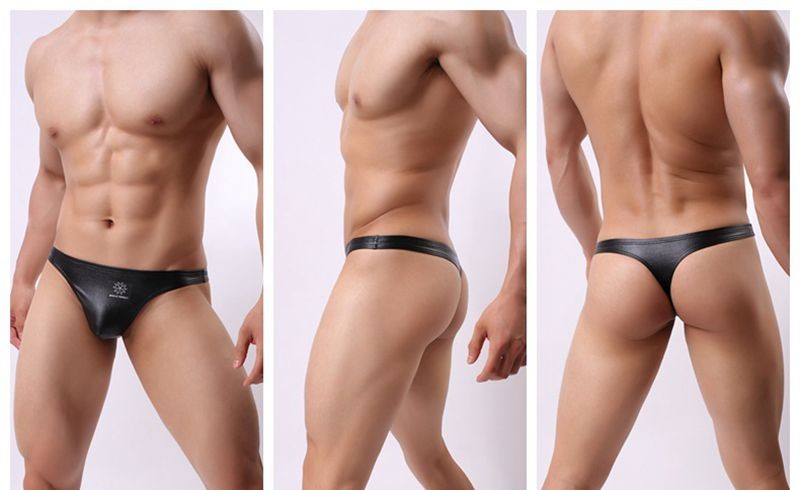 Mens String Bikini Briefs Underwear Man Black Red Grey Faux Leather Thongs Sexy Tanga T Back