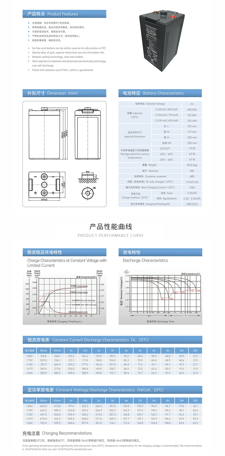 2V 400AH Rechargeable Valve Regulated Lead Acid Battery Storage Raw Material Low Self-discharge Battery for Lighting