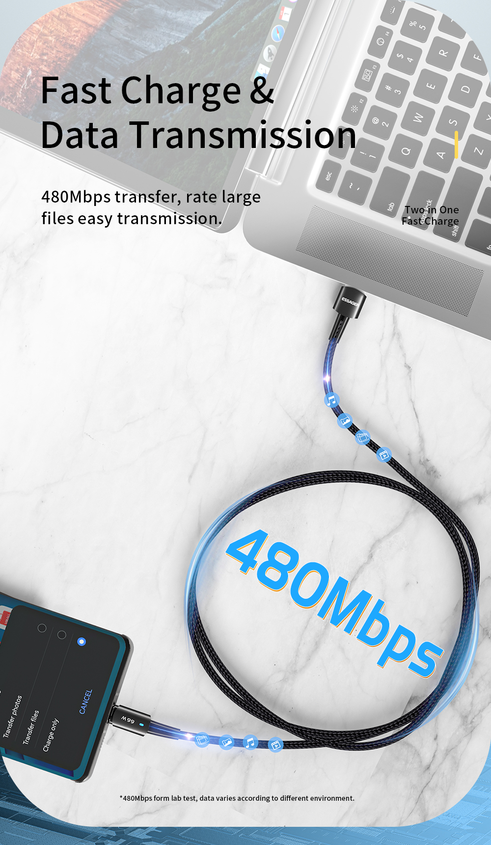 Essager Sunset Super Charge USB A To C Data Cable USB2.0 6A PD 66W