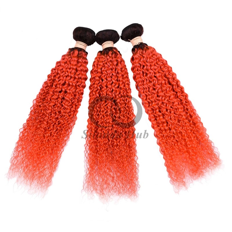 #T1B/Orange Red Kinky Curly Remy Human Hair Bundles Sew In Weave Bundles Brazilian Bundle Deals