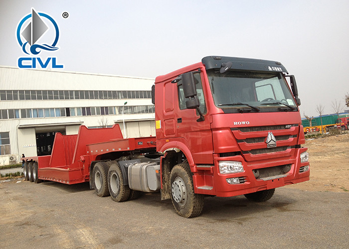3 Axles Manual Semi Trailer Trucks Low Bed Two Single Cargo Truck New Condition