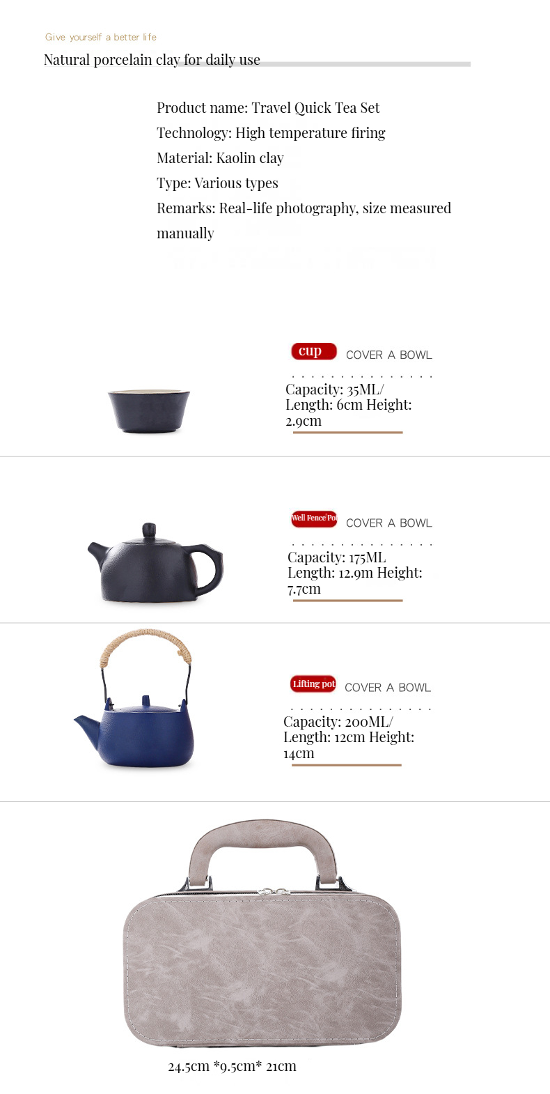Custom Logo Ceramic Pottery Travel Tea Set with Reusable Tray and Teacups 200ml Capacity