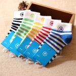 Elegant stripe design customized embroiderying logo OEM cozy cotton dress socks