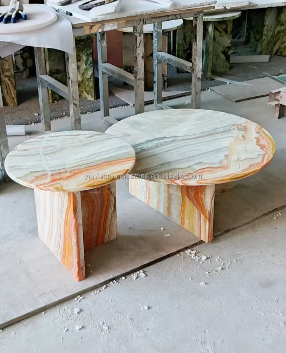 Hotel Table Furniture Design with Natural Stone Bookmatched Rainbow Onyx Marble Slab