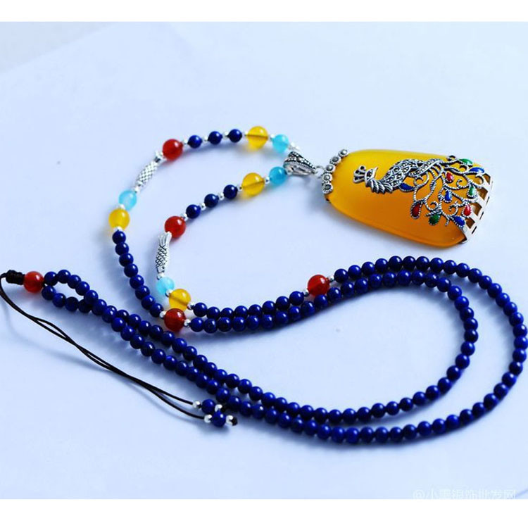 925 Silver Enamel Yellow Chalcedony Pendant Lapis Lazuli Beads Strand Necklace (XH057272)