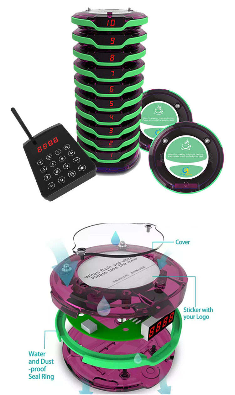 Easy operate full waterproof wireless guest calling coaster pager system with protective silicone