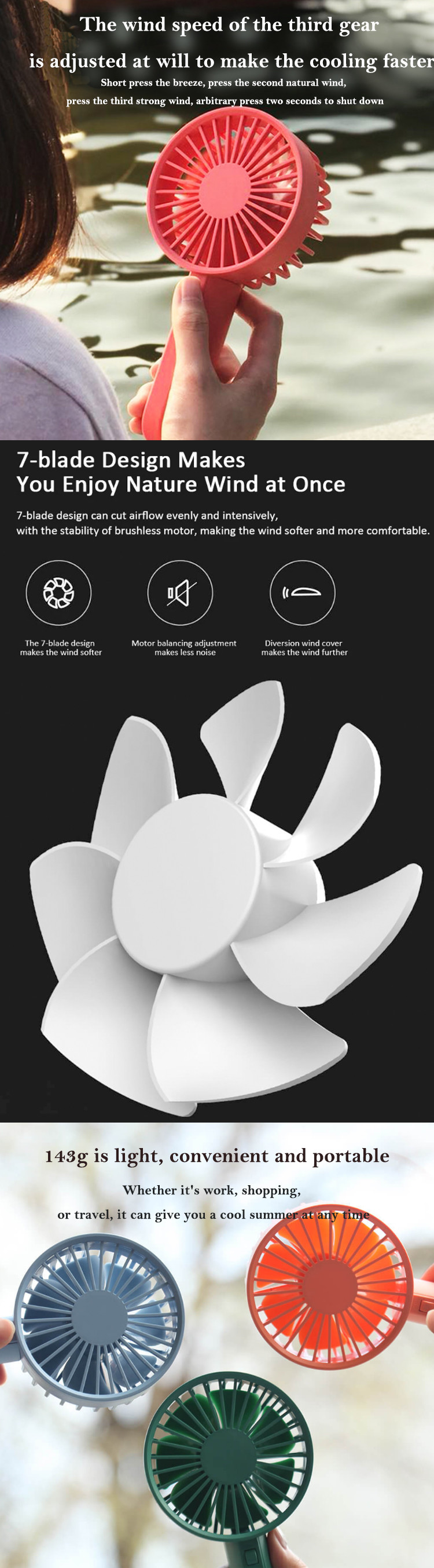 2000mAh 6hrs USB Handheld Fan With Rechargeable Built In Battery