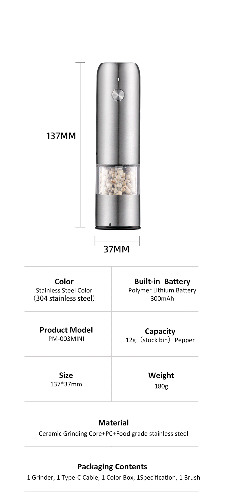 Salt Pepper Mills with Ceramic Burr Core Stainless Steel Mini Electric Grinder Set ' Needs