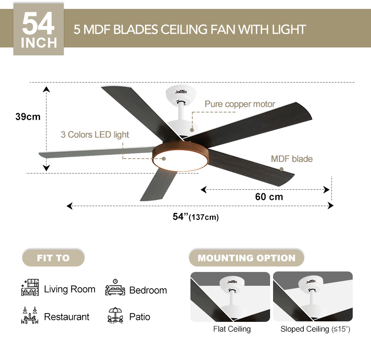 OEM LED Ceiling Fan 54 Inch 6 Speeds Remote Control Dimmable Light 3 Color Options