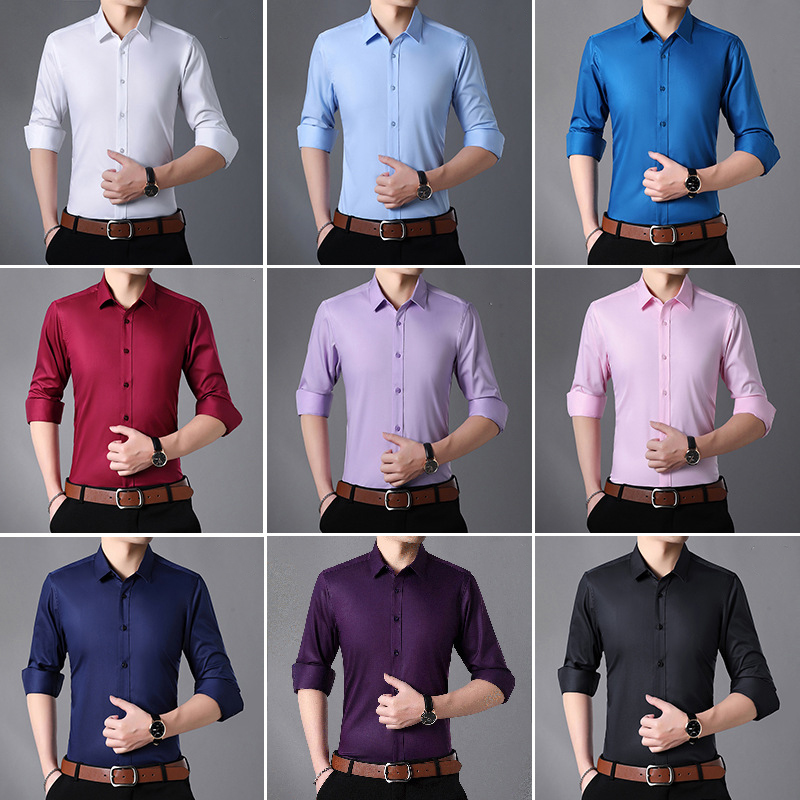 2023 Men's Long Sleeved Shirt Non-Ironing Work Clothes with Elastic and Solid Color