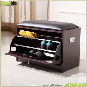 Quality Solid Wood Black Entrance Shoe Rack Bench Three Layer With Sponge Cushion wholesale