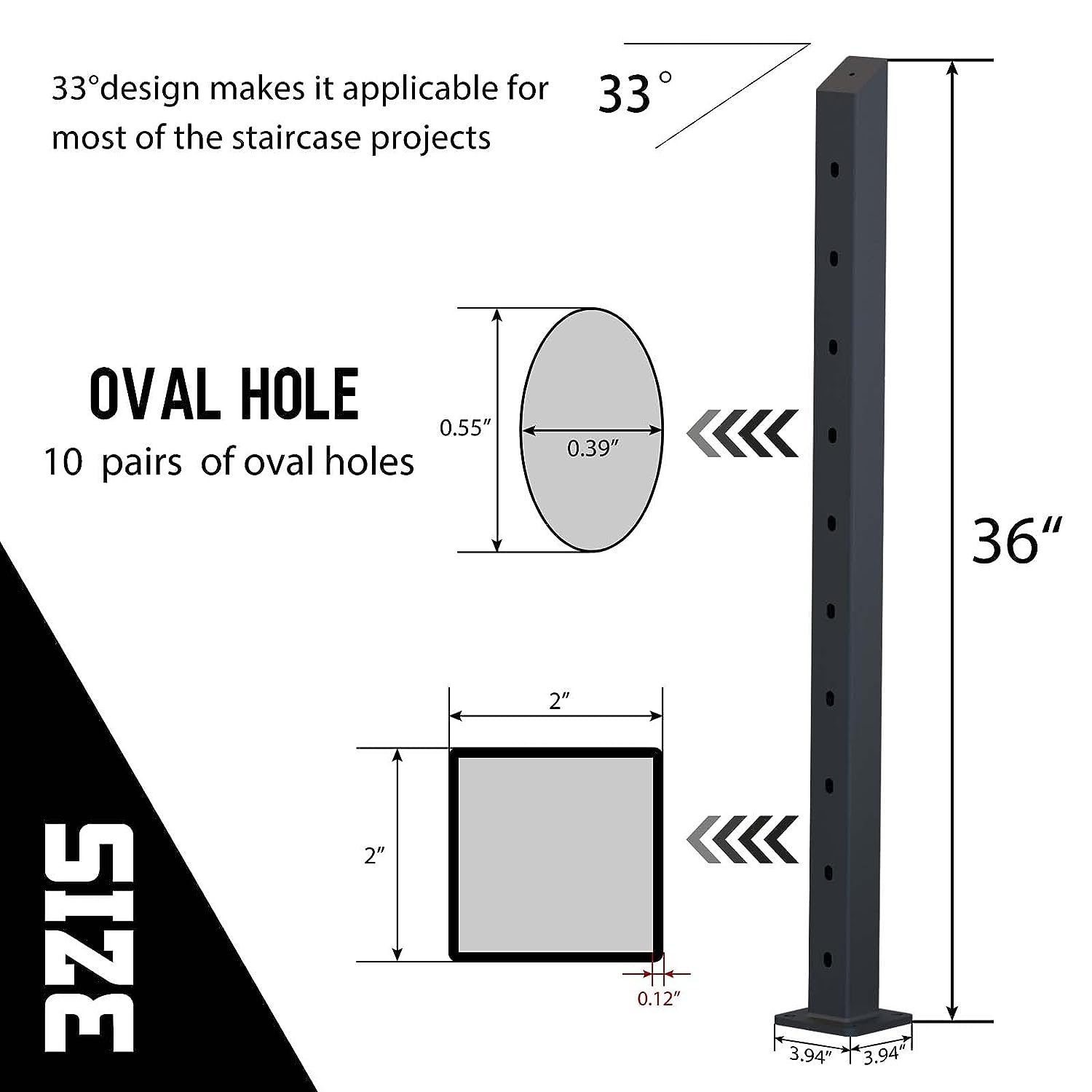 Cable Railing Post 36"x2"x2" Steel 33 Degree Square End Deck Stair Post with Pre-Drilled Holes